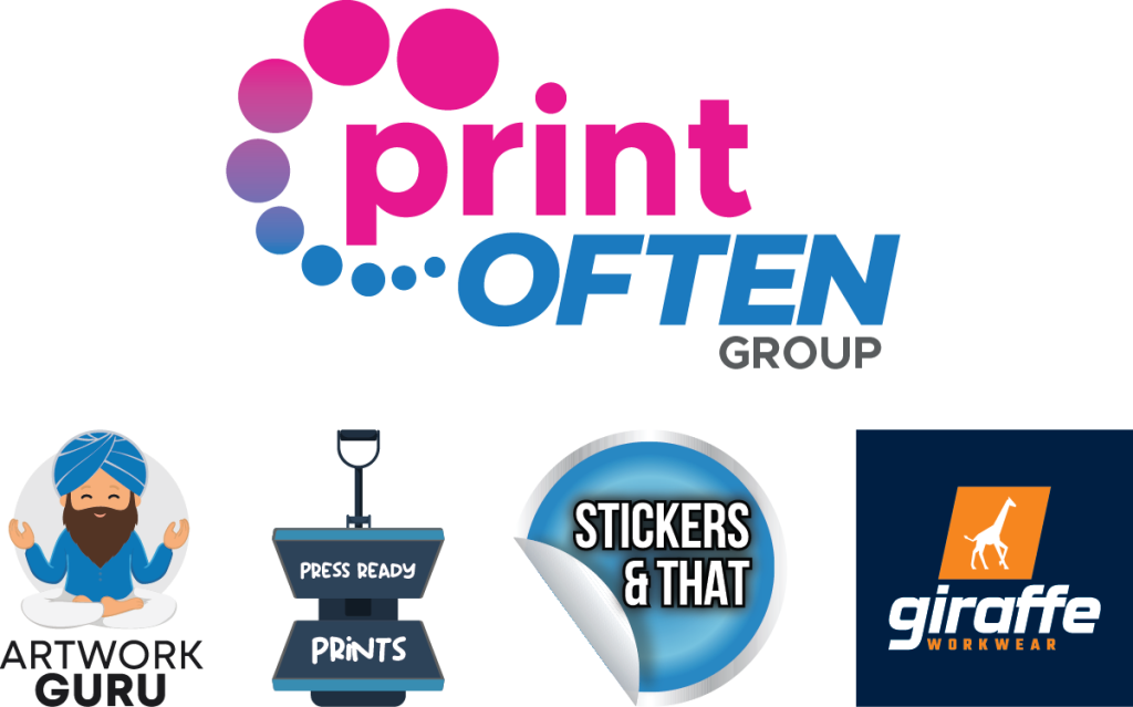 Print often group logo followed by Artwork Guru, Press Ready Prints, Stickers and That and Giraffe Workwear Logos